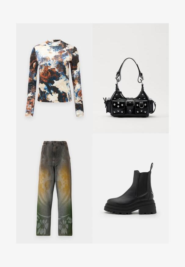 Rukávová blúzka v kombinácii modrých, hnedých a krémových abstraktných vzorov. Mäkká látka s priliehavým strihom a vysokým golierom.; Džínsy s vysokým pásom v blednutej džínovině s gradientným vzorom, ktorý spája žlté, zelené a modré odtiene; kvetinový vzor pri leme.; Čierne chelsea čižmy vyrobené z hladkej kože s elastickými bočnými panelmi, hrubou, ryhovanou gumovou podrážkou a pútkom vzadu.; Čierna kožená kabelka s zakriveným dizajnom, doplnená striebornými cvočkami, prackou a dvoma bočnými vreckami. Nastaviteľný popruh poskytuje rôzne možnosti nosenia.