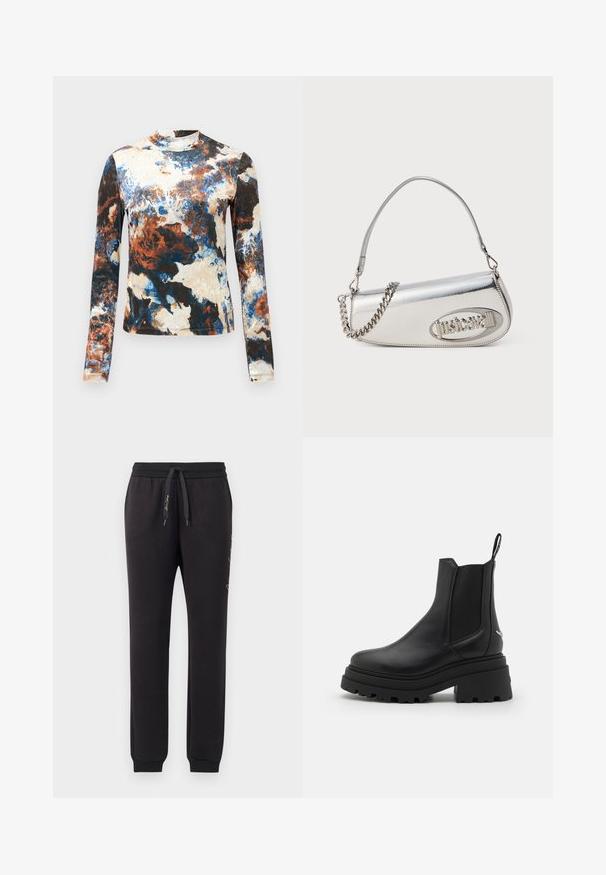 Rukávová blúzka v kombinácii modrých, hnedých a krémových abstraktných vzorov. Mäkká látka s priliehavým strihom a vysokým golierom.; Čierne tepláky vyrobené z jemnej bavlny s elastickým pásom a šnúrkou. Majú rebrované manžety a vyšívaný text na boku.; Čierne chelsea čižmy vyrobené z hladkej kože s elastickými bočnými panelmi, hrubou, ryhovanou gumovou podrážkou a pútkom vzadu.; Strieborná metalická kabelka s okrúhlo trojuholníkovým tvarom, s logom, reťazovým popruhom a hladkou textúrou. Zips na bočnej strane.
