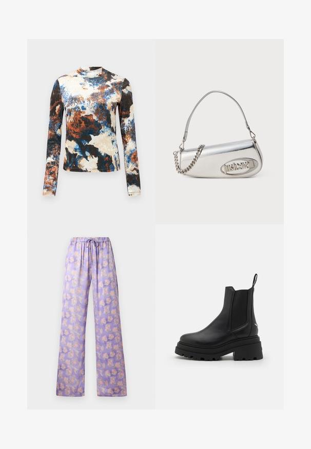 Garās piedurknes tops ar zilu, brūnu un krēmīgu abstraktu rakstu sajaukumu. Mīksts audums ar pieguļošu dizainu un augstu apkakli.; Gaiši violetas ziedu bikses ar elastīgu jostasvietu un aukliņu. Iespējas ietver mīkstu audumu, plašu kāju dizainu un rozā un zaļo ziedu rakstu.; Melnas Chelsea zābaki, kas izgatavoti no gludas ādas, ar elastīgām sānu daļām, biezu, rievotu gumijas zoli un vilkšanas cilpu aizmugurē.; Sudraba metāla rokas soma ar noapaļu trīsstūra formu, ar logotipu, ķēdes siksnu un gludu tekstūru. Sānos atverama ar rāvējslēdzēju.