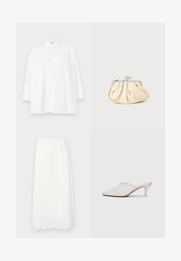 White button-up shirt with a classic collar, long sleeves, and a relaxed fit. Smooth cotton fabric with no visible patterns or accents.; DESIGNERS REMIX LUNA MAXI SKIRT - Maxi skirt - cream; White mesh pointed-toe mule with a slim mid-height heel and slip-on design against a plain background.; Pleated beige leather clutch with a silver metal frame, featuring two round decorative clasps and a silver chain strap.
