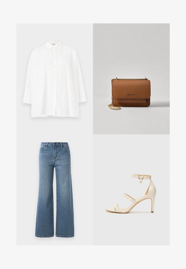 Balta pogca krekls ar klasisku apkakli, garām piedurknēm un brīvu piegriezumu. Gluda kokvilnas auduma, bez redzamām rakstu vai akcentu detaļām.; Gai zili platleņķa džinsi ar augstu jostasvietu, pogu un rāvējslēdzēju, kā arī priekšējām kabatām.; Bežīgas augstpapēžu sandales ar plānu potītes siksniņu un divām augšējām siksnām. Spīdošs laku apdare un zelta aksesuārs uz potītes siksniņas.; Brūna teksturēta ādas plecu soma ar zelta ķēdes siksnu un atloka aizdari. Priekšpusē ir logotipa detaļa un kabata zem atloka.