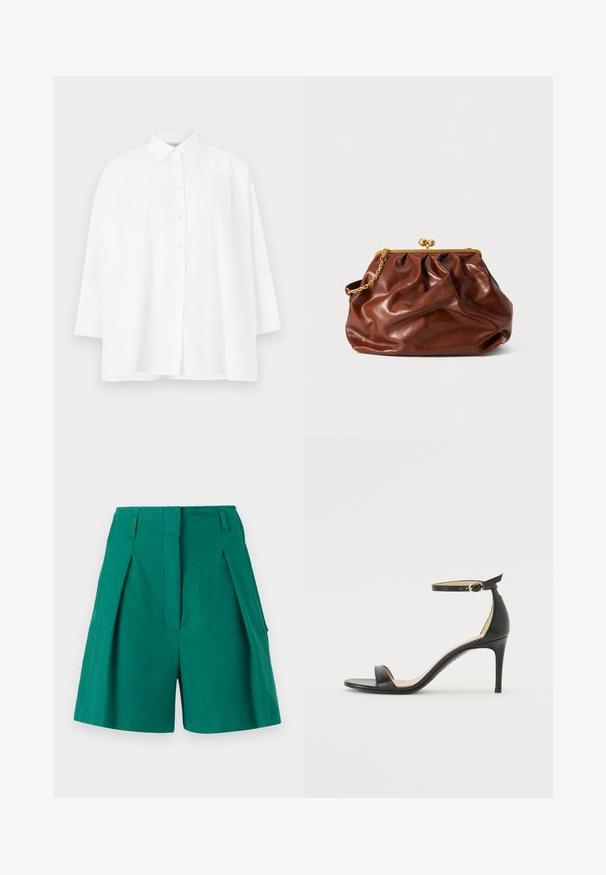 Balta marškiniai su klasikinio tipo apykakle, ilgomis rankovėmis ir laisvu siluetu. Lygus medvilnės audinys be matomų raštų ar akcentų.; Žalios šortai su tekstūriniu audiniu, raukšlėmis ir šoninėmis kišenėmis. Dizainas yra pritaikytas su aukštu liemeniu ir tiesiu pjūviu.; Juodos oda aukštakulniai sandalai su kulkšnies dirželiu. Pasižymi lygiu paviršiumi, atviru pirštu ir plonu kulnu. Auksinės spalvos sagties detalė.; Ruda odinė delninė su auksiniu užsegimu ir trumpu auksiniu grandininiu rankena, pasižyminti minkšta, susiraukšlėjusia tekstūra ant balto fono.