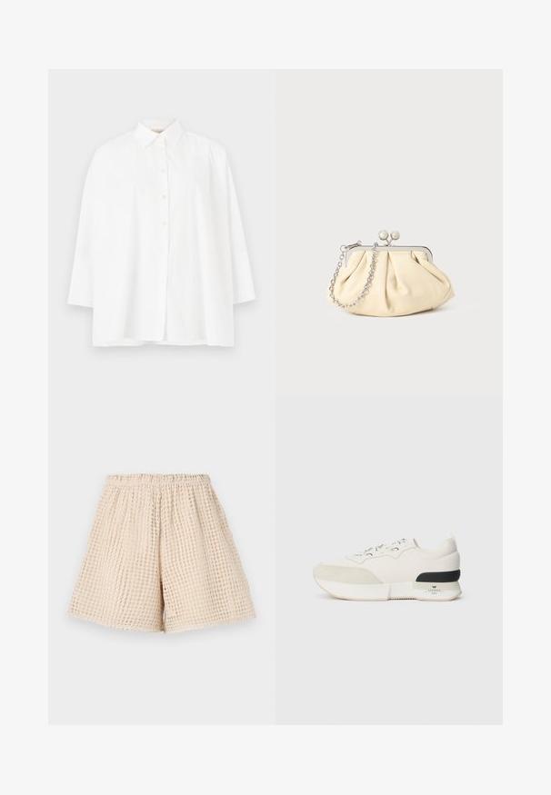 Biely košeľový dres s klasickým golierom, dlhými rukávmi a voľným strihom. Hladká bavlnená tkanina bez viditeľných vzorov alebo akcentov.; Béžové šortky s textúrovaným, vaflovým vzorom. Elastický pás a voľný strih. Dĺžka po stred stehna. Ľahký materiál.; Biele tenisky so štruktúrovanou semišovou špičkou, hladkým sieťovinovým zvrškom, dekoratívnymi šnúrkami a čiernym gumovým akcentom na päte.; Zhlý béžový kožený klobúk so strieborným kovovým rámom, ktorý má dve okrúhle dekoratívne zámky a strieborný reťazový popruh.