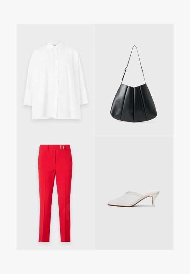 Valge nööbiga särk klassikalise kraega, pikkade varrukatega ja mugava lõikega. Sile puuvillane kangas, ilma nähtavate mustrite või aktsentideta.; Punased kohandatud püksid sileda kangaga, kitsas lõige ja metallist pandlaga vöö. Omavad teravaid kortse ja küljetaskuid.; Valge võrkmaterjalist teravatoa mulli king, millel on peen keskmise kõrgusega konts ja libisev disain, tühjal taustal.; Mustriline must-õlarihmaga must nahast kott, plekkide disainiga, sujuva tekstuuriga, ühe rihmaga ja peene kuldse metallist aktsendiga.