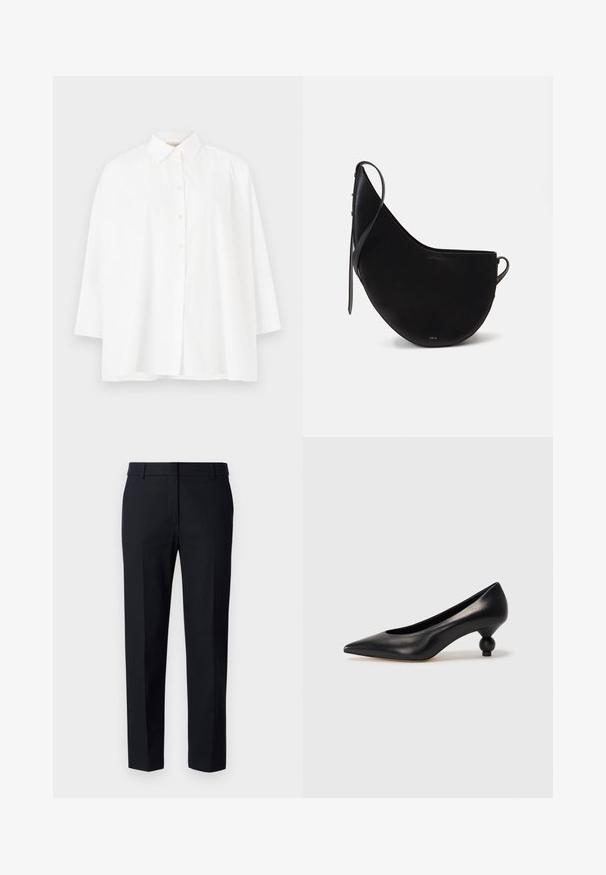 Weißes Button-Down-Hemd mit klassischem Kragen, langen Ärmeln und lockerer Passform. Glattes Baumwollmaterial ohne sichtbare Muster oder Akzente.; Maßgeschneiderte schwarze Hose aus einem glatten Stoff, mit flacher Vorderseite, normaler Taille und geraden Beinen mit Bügelfalte.; Schwarze Leder-Pumps mit spitzem Zehenbereich und runder, ballförmiger Ferse. Glatte Textur mit einem eleganten, minimalistischen Design.; Schwarze Ledertasche in geschwungener Mondform, mit einem schlanken Trageriemen und dezentem goldenen Branding auf der Vorderseite. Glatte Textur mit minimalem Metalleinsatz.