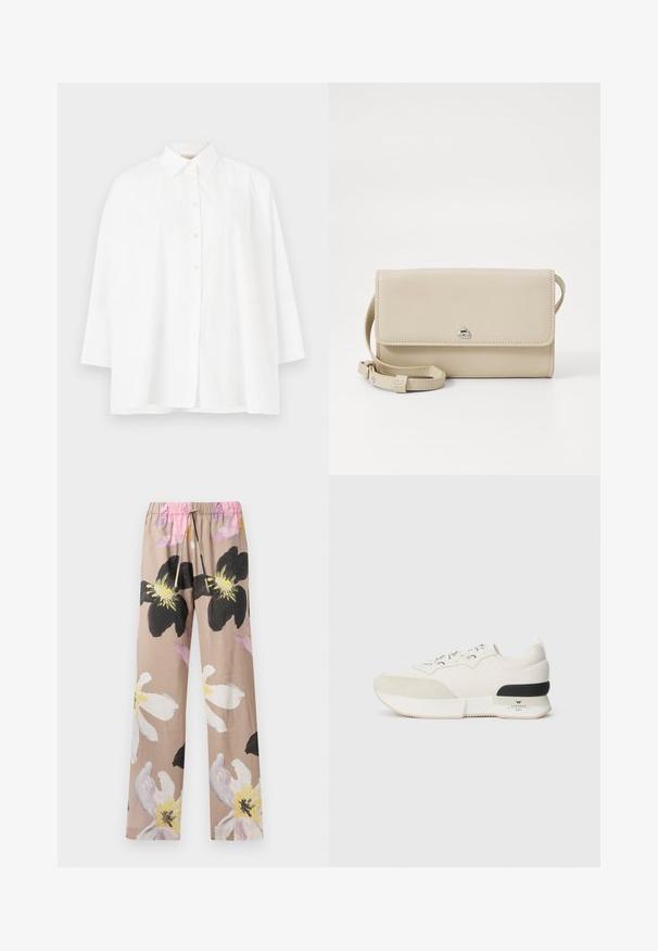 Bela srajca z gumbom in klasičnim ovratnikom, dolgimi rokavi in sproščenim krojem. Gladek bombažni material brez vidnih vzorcev ali dodatkov.; Hlače s cvetnim vzorcem v bež barvi z velikimi črno-belimi cvetličnimi motivi, z elastičnim pasom in rožnatim vrvico.; Bela športna obutev z teksturiranim nubukom na vrhu prstov, gladkim mrežastim zgornjim delom, okrasnimi vezalkami in črnim gumijastim poudarkom na peti.; Bežna usnjena torba za ramena z zapiranjem na pokrov, srebrno okovje in snemljivim trakom. Gladka tekstura in preprost pravokoten oblik.