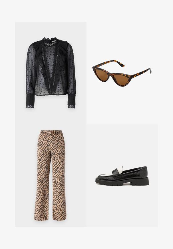 Black blouse with long sleeves, made from sheer fabric, featuring ruffles along the front and lace accents on the collar and cuffs.; Wide-leg trousers with a tiger stripe pattern in shades of brown and black, featuring a standard waist and five-pocket design.; Black and white leather loafers with a textured upper, rounded toe, and chunky black rubber sole featuring a tread pattern.; Cat-eye sunglasses with a black and orange tortoiseshell frame, brown lenses, and sleek, pointed tips. Features a minimal logo on the temple.