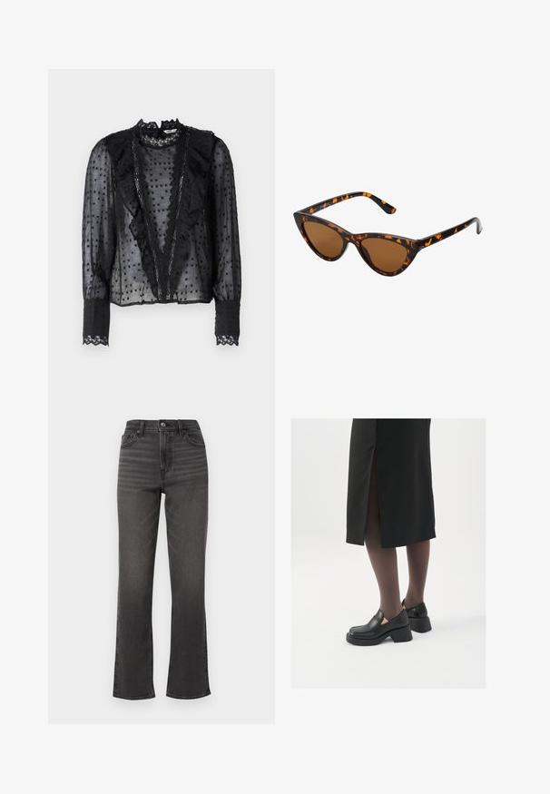 Črna bluza z dolgimi rokavi, izdelana iz prosojnega materiala, s fru-fruji spredaj in čipkastimi poudarki na ovratniku in manšubah.; Visoko pasne ravne hlače iz temno sive denima z rahlim zbledelostjo, sprednjimi žepi in enim gumbom za zapiranje. Čist, minimalističen dizajn.; Črne usnjene čevlje s zaobljenim prstom, debelim blokastim petama in elastičnimi stranskimi detajli, v kombinaciji s temno nogavicami in črno krilo z razporkom.; Mačje oči sončna očala z okvirom v črno-oranžni želvej ohišji, rjavimi lečami in elegantnimi, ostrimi konicami. Imajo minimalistični logo na ročaju.