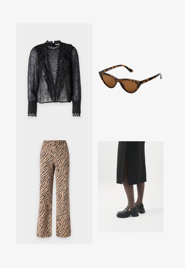 Blusa negra de mangas largas, hecha de tejido transparente, con volantes en la parte frontal y detalles de encaje en el cuello y los puños.; Pantalones anchos con un patrón de rayas de tigre en tonos de marrón y negro, con una cintura estándar y diseño de cinco bolsillos.; Zapatos de piel negra con punta redondeada, tacón grueso y bloque, y acentos elásticos en los laterales, combinados con unos pantys oscuros y una falda negra con una abertura.; Gafas de sol estilo ojo de gato con montura de carey negra y naranja, lentes marrones y puntas elegantes y afiladas. Presenta un logo minimalista en la patilla.
