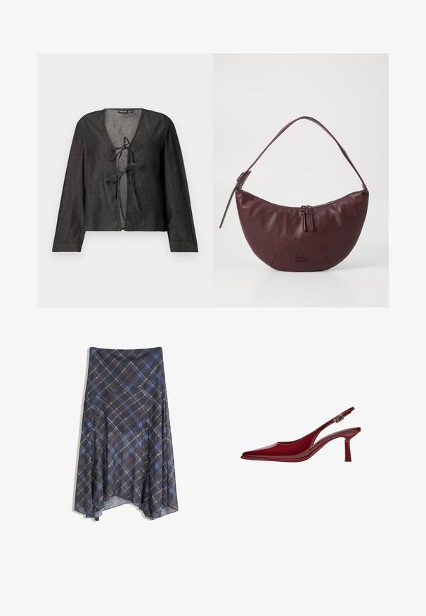 Bluză neagră, ușoară, cu mâneci lungi, decolteu în V și închidere cu fundă în față. Textură netedă, design simplu și fără modele vizibile.; Fustă în carouri negre cu linii albastre și maro, cu un design fluid, de lungime medie, realizată dintr-un material ușor cu o textură netedă.; Bershka Pantofi clasici cu toc - dark red; Geantă de piele maro închis cu un design curbat, prevăzută cu închidere cu fermoar, două mânere cu fermoar și o curea de umăr scurtă. Detalii includ logo-ul embossat.
