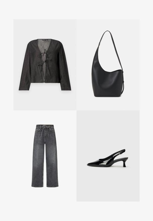 Zwarte lichtgewicht blouse met lange mouwen, V-hals en striksluiting aan de voorkant. Smooth textuur, eenvoudig ontwerp en geen zichtbare patronen.; High-waisted, wijde zwarte denim jeans met voorzakken en een stoffen riem die in een strik om de taille is geknoopt.; Zwarte lakleren slingback schoenen met een spitse neus en een lage blokhak. Verstelbare gespband bij de enkel.; Zwarte leren hobo tas met een gladde textuur, kromme vorm en een enkele verstelbare schouderband; heeft een brede opening aan de bovenkant.