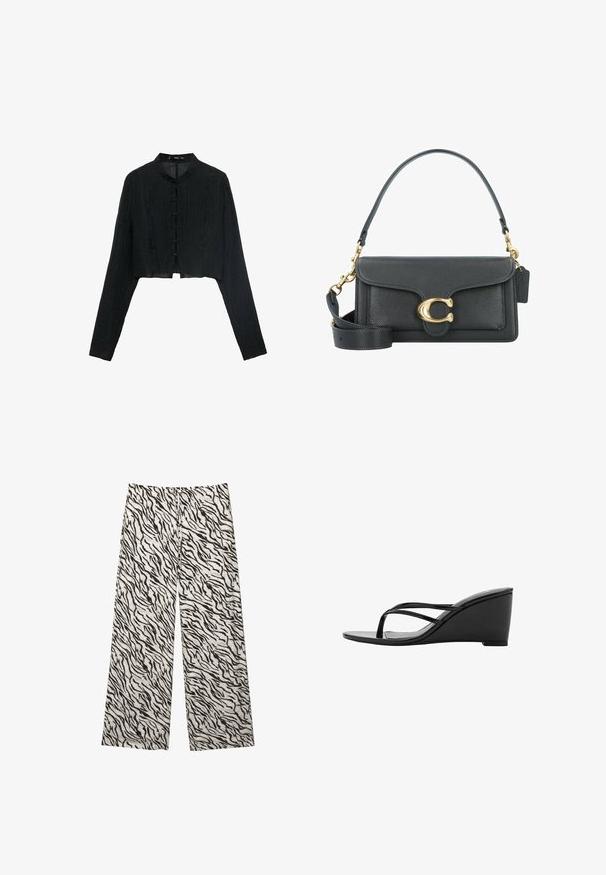 Czarna krótka kurtka z długimi rękawami, teksturowana tkanina, kołnierz mandaryński oraz ozdobne guziki w postaci węzłów z przodu.; Szerokie spodnie wykonane z lekkiego materiału, ozdobione wzorem w czarno-białe paski tygrysa. Elastyczny pas z detalem w postaci sznureczka.; Czarne sandały na koturnie o eleganckim wzornictwie, z dwoma cienkimi paskami i gładką, błyszczącą powierzchnią. Wysokość koturnu jest umiarkowana.; Czarna skórzana torba na ramię z akcentami w kolorze złotym, wyposażona w charakterystyczne zapięcie, odpinany pasek na ramię oraz teksturowaną powierzchnię.