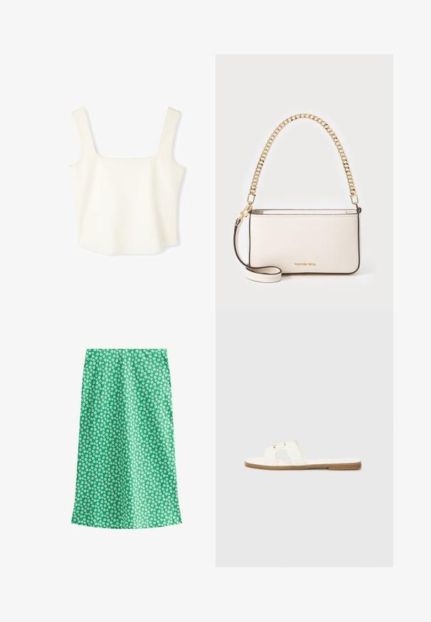 White, fitted crop top featuring a square neckline, wide shoulder straps, and smooth, soft texture, designed in a minimalist style.; Green floral print skirt with a lightweight texture. Features small white flowers on a solid background, designed in a straight silhouette.; White flat slide sandal with a minimalist design, featuring two crossed straps and gold-tone hardware accents on a brown sole.; White leather handbag with a textured finish, featuring a gold chain strap and a detachable shoulder strap. Logo embossed at the front.; Gold rectangular wristwatch with a minimalist design, featuring a cream dial, gold hands, and a metal link bracelet. Markings include brand name.