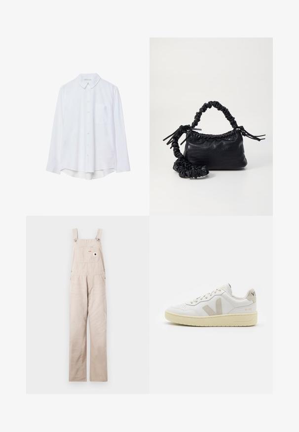 Bela srajca z dolgimi rokavi, pri čemer je z gumbi in ovratnikom, z enim žepom na prsih, rahlo ukrivljenim robom, prikazana na beli podlagi.; Bež plavice iz denima z nastavljivimi naramnicami, sprednjim žepom in oznako logotipa. Design ravnih hlačnic, gladka tekstura in brez okraskov.; Bela usnjena tenisača z bež semiš poudarki, perforiranim prednjim delom, ravnimi vezalkami in strukturiranim kremnim podplatom. Ima diskretno blagovno znamko na peti.; Črna torbica iz umetnega usnja s krokodilovo teksturo, z zvitim vrhom in zmečkano naramico. Zdi se mehka in kompaktna v oblikovanju.