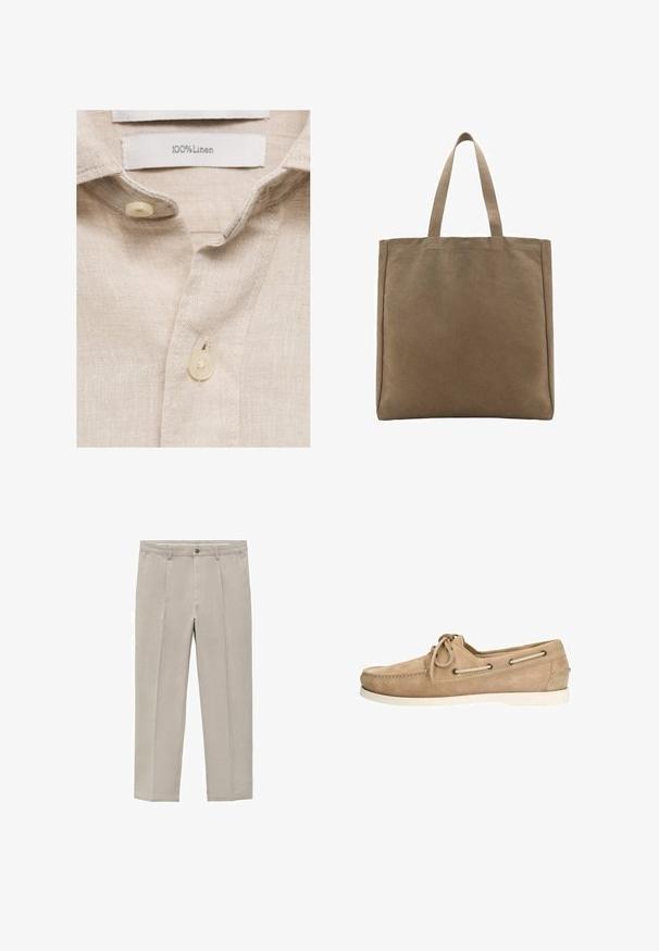 Camicia in lino beige con una consistenza morbida, colletto e due bottoni in plastica cremosa. L'etichetta di cura riporta "100% Lino."; Pantaloni beige chiaro realizzati in un misto cotone, con un design a gamba dritta, pince frontali, chiusura con bottone e tasche laterali.; Scarpa da barca in suede beige con punta rotonda, suola in gomma bianca, design con lacci e occhielli a contrasto lungo i lati.; Borsa in tela color beige, con due manici robusti. Forma rettangolare con una superficie liscia e senza decorazioni visibili.