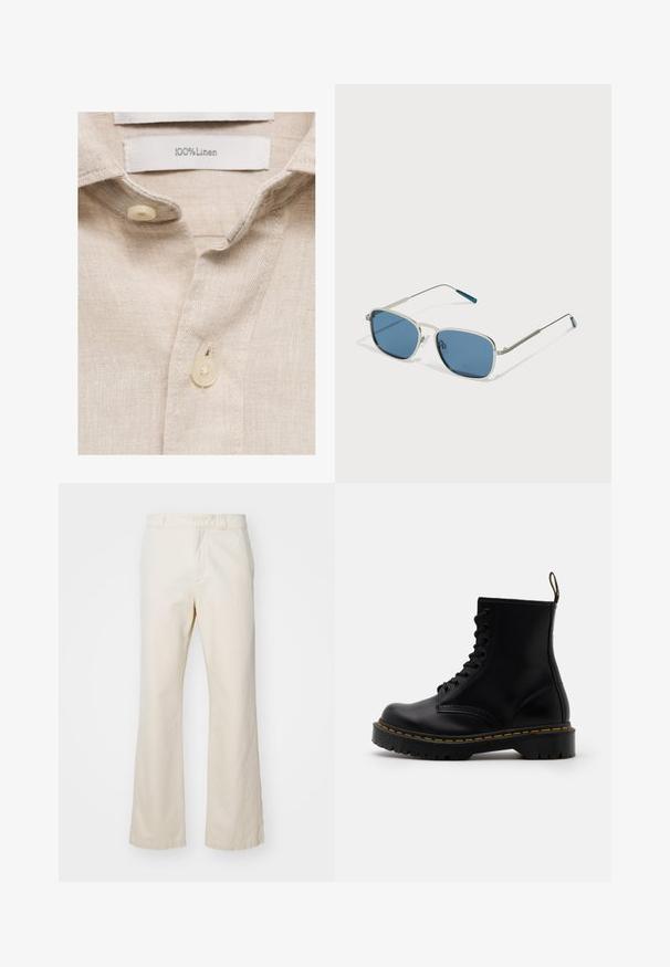 Beżowa lniana koszula o miękkiej fakturze, z kołnierzykiem oraz dwiema guzikami z kremowego plastiku. Metka pielęgnacyjna informuje: "100% len".; Beżowe bawełniane spodnie o prostym kroju, z zamkiem błyskawicznym z przodu i zapięciem na guzik, gładką fakturą oraz minimalistycznym stylem.; Czarne skórzane botki sięgające do kostki z sznurowanym przodem, żółtym przeszyciem, zaokrąglonym czubkiem i grubą, teksturowaną gumową podeszwą.; Okulary przeciwsłoneczne z srebrną metalową oprawką, prostokątnymi niebieskimi szkłami i cienkimi ramionami. Posiadają niebieskie akcenty na końcówkach zauszników.