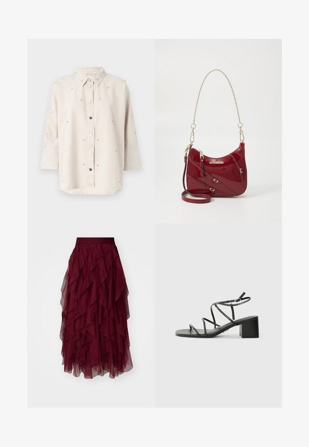 Lys beige denimskjorte med knappestolpe, klassisk krage og trekvartlange ermer. Pyntet med små, dekorative nagler.; Burgunderfarget tullskjørt med flere lag med rysjer, bredt liv, og en flytende silhuett. Lettvekts, teksturert stoff fremhever bevegelse.; Svarte stroppesandaler med firkantet tå og tykk hæl, laget av glatt materiale. Har justerbare ankelstropper og minimalt med utstyr.; Rød patent lærveske med en buet form, gullkjede stropp og dekorative spenneakcenter; har en logo på forsiden.