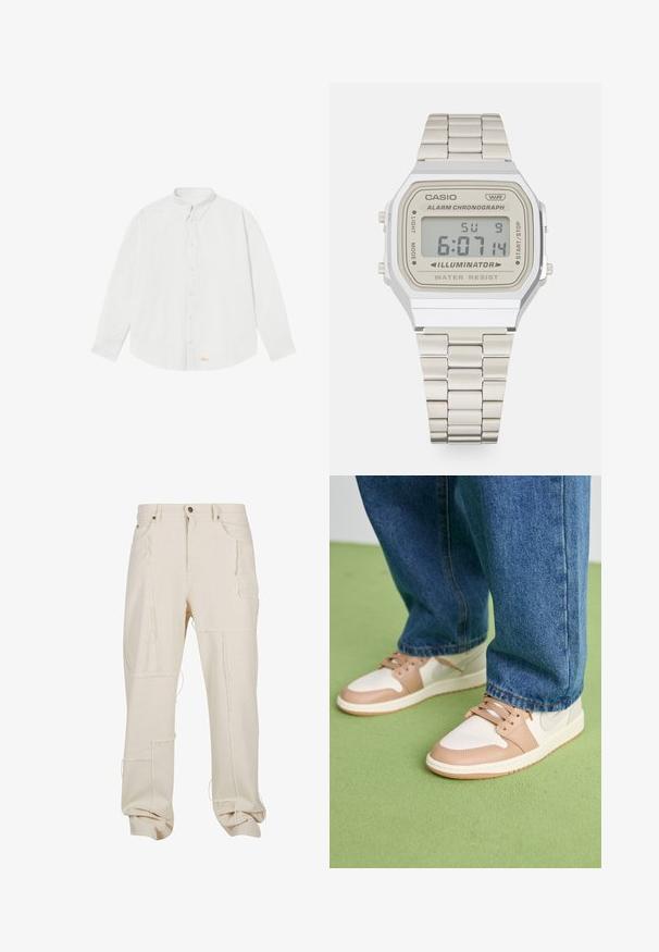 Balta ilga rankovėmis marškiniai su vertikaliomis juostelėmis, mygtukų apykakle ir apvaliu hemu. Yra mažas išsiuvinėtas logotipas oranžinės spalvos.; Bėgio medvilniniai cargo kelnės su keliais kišenėmis, matomais siūlų akcentais, laisvu siluetu ir pasuktomis rankovėmis. tekstūruotas audinys su matomais siūlais.; Balti ir smėlio spalvos odiniai sportbačiai su apvaliais pirštais, perforuota pirštų dalimi ir smėlio spalvos akcentais. Dėvimi su mėlynomis džinsinėmis kelnėmis ant žalios dangos.; Skaitmeninis Casio laikrodis su stačiakampiu sidabriniu nerūdijančio plieno korpusu, smėlio spalvos ciferblatu, juodu ekranu, metaline grandinės apyranke ir vandeniui atspariomis savybėmis.