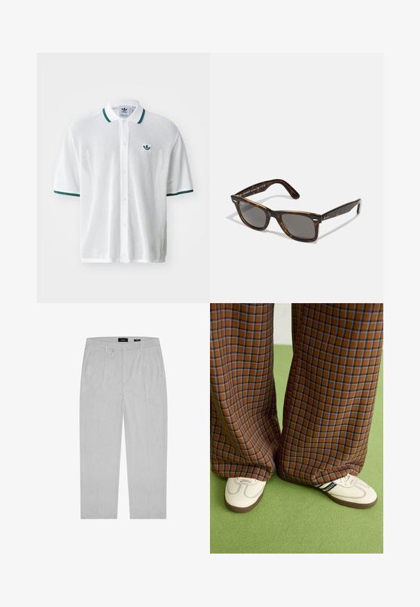 Vit mesh-pikétröja med grön krage och ärmkanter, med en liten grön logga på vänster bröst och knappstängning framtill.; Ljusgrå byxor med subtil textur, med frontveck, sidofickor och bälteshål. Rakt skuren design, minimalistisk stil.; Bruna och blå rutiga vida byxor i kombination med vita skor med svarta accenter och texturerade sulor, mot en grön bakgrund.; Sköldpadds sunglasses med grå linser och en fyrkantig ram, med metalliska detaljer på stängerna och logotypen inom designen.