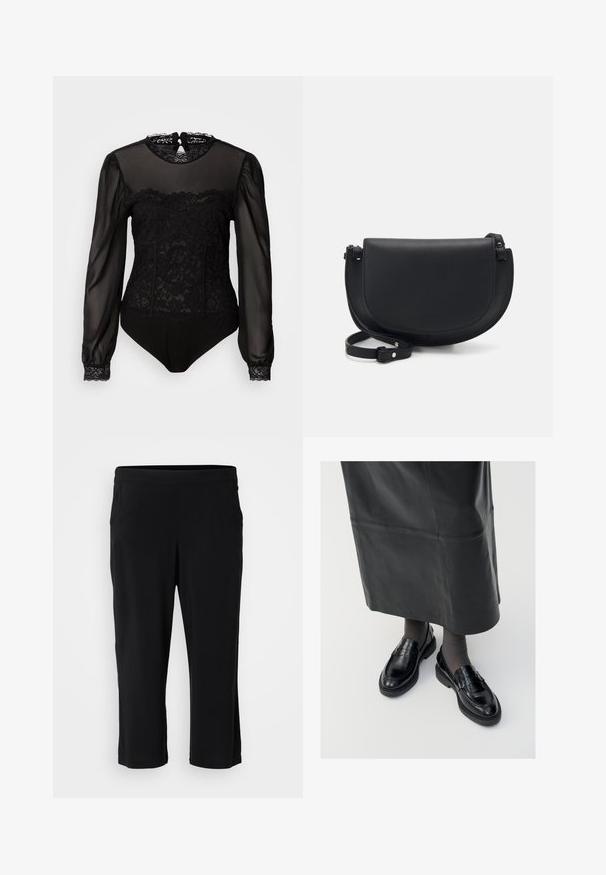 Sort bodysuit med gennemsigtige lange ærmer. Har blonder overlay på den øverste front og en høj halsudskæring med en nøglehulslukning i ryggen.; Sorte cropped bukser lavet af blødt, strækbart stof; har en elastisk talje og ingen synlige lommer. Glat overflade uden mønstre.; Sorte læder loafers med en glat finish, prydet med en dekorativ rem, rund tå og tekstureret sål. Båret med en lang sort læderskirt.; Sort læder crossover taske med en buet form, magnetisk klaplukning, justerbar rem og præget logo detalje foran.