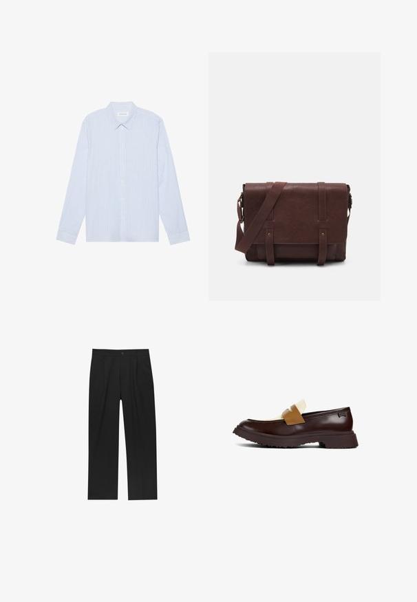 Camicia a maniche lunghe a righe blu chiaro con bottoni. Presenta un colletto tradizionale, bottoni bianchi e un tessuto in morbido cotone misto.; Confezione doppia di magliette bianche con maniche corte, colletto rotondo e una consistenza liscia simile al cotone. Design semplice senza motivi visibili.; Pantaloni neri con un design a gamba dritta, realizzati in un tessuto liscio. Presentano pieghe frontali e una chiusura a un bottone in vita.; Mocassini in pelle marrone con un accento crema e una fascia color tan, caratterizzati da una suola testurizzata e cuciture a contrasto sulla tomaia.; Borsa a tracolla in pelle marrone con un davanti piatto, due cinghie, dettagli in metallo dorato e una tracolla regolabile.