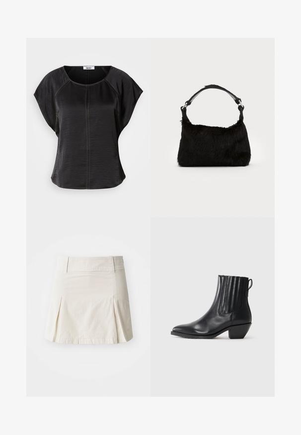 Svart kortermet topp med en avslappet passform, med rund halsringning og kontrasterende beige sømmer foran og langs sømmene.; Lys beige bomullskjørt med fitted midje, plisserte detaljer og rett søm, med en glatt tekstur og uten synlig maskinvare.; Sorte lær ankle boots med elastiske sidepaneler, spiss tå og lav blokk-hæl. Designet har en glatt tekstur og minimalistisk stil.; Svart faux fur veske med en myk tekstur, rund form, og en solid skulderstropp i svart lær. Synlige sølvfargede detaljer.; Sølvmetalløreringer med en glatt, skinnende overflate og et strukturert, rundet design. Har en hengslet lås for sikker bruk.