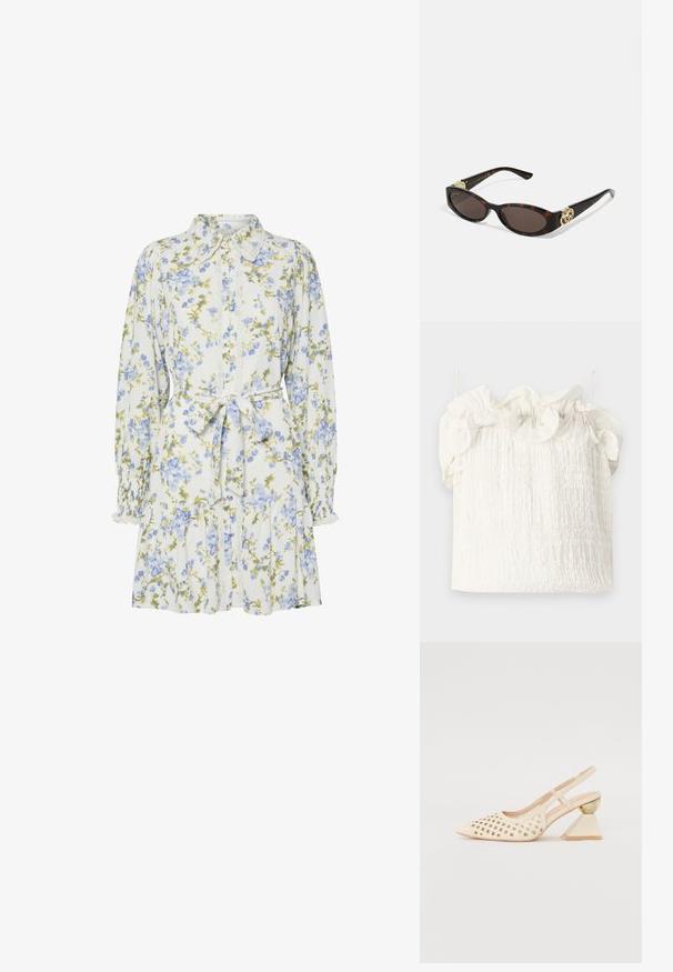 Hofmann Copenhagen EXCLUSIVE GENEVIVE - Top - off white; Bloemendress in het wit met blauwe en groene bloemen, voorzien van een kraag, knoopsluiting aan de voorkant, lange mouwen met elastische manchetten en een tailleband.; Beige slingback schoen met geperforeerde bovenkant, puntige neus en een contrasterende driehoekige hak met een gouden accent. Over het algemeen een gladde textuur.; Schildpadbril met langwerpige ovale lenzen, bruine tint, gouden logo-accenten op de pootjes en slanke zwarte armen.; Witte bloemenhandtas met een gatherend stoffen oppervlak, gouden kettingriem en metalen sluiting. Heeft textuur op de bloemblaadjes voor extra detail.