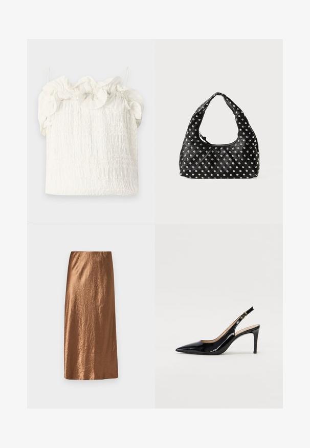 Hofmann Copenhagen EXCLUSIVE GENEVIVE - Top - off white; Hnědá midi sukně vyrobená z texturované, lesklé látky s hladkým pasem. Má rovný střih s jemným krčkovým dokončením.; Černé lakované slingback lodičky s špičatou špičkou, úzkým podpatkem a jemným výřezem. Obsahují zlatou sponu na řemínku.; Černá kožená kabelka s prohnutým uchem, zdobená vzorem kovových hrotů rovnoměrně rozložených po celém povrchu. Zapínání na zip.