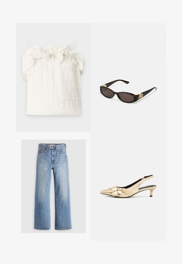 Hofmann Copenhagen EXCLUSIVE GENEVIVE - Top - off white; Pantalones vaqueros de mezclilla de corte ancho en azul claro, con cintura alta, zonas desteñidas, cinco bolsillos y costuras en contraste. Cierre clásico con botón y cremallera.; Zapatos de tacón de piel dorada con puntera afilada, pequeño tacón de gato y dos hebillas en el empeine. Textura suave, diseño elegante.; Gafas de sol carey con lentes ovalados alargados, tintado marrón, acentos de logo dorado en las patillas y brazos negros elegantes.; Bolso floral blanco con superficie de tela fruncida, correa de cadena en tono dorado y cierre de metal. Presenta pétalos texturizados para un detalle adicional.