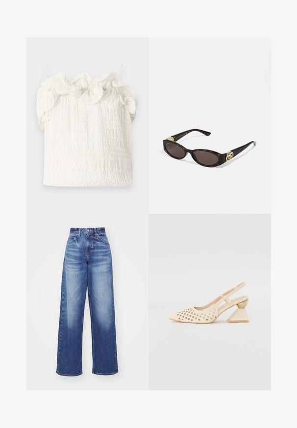 Hofmann Copenhagen EXCLUSIVE GENEVIVE - Toppi - off white; Korkeavyöiset, leveälahkeiset farkut keskimäisessä sinisessä denimmissä. Suunnittelussa on hieno haalistuma, viisi taskua ja metallinen nappisulku. Klassinen ommel.; Bež sandle s perforiranim gornjim dijelom, uskim vrhom i kontrastnom trokutaškom petom koja ima zlatni naglasak. Glatka tekstura u cjelini.; Silmärilakkiset tortoiseshell-aurinkolasit, joissa on pitkänomaiset ovaalit linssit, ruskea sävy, kultaiset logo-koristeet temppeleissä ja sulavalinjaiset mustat varret.; Valkoinen kukallinen käsilaukku, jossa on kerroksellinen kangaspinta, kultasävyinen ketjuhihna ja metallikahva. Sisältää teksturoituja terälehtiä lisäyksinä.