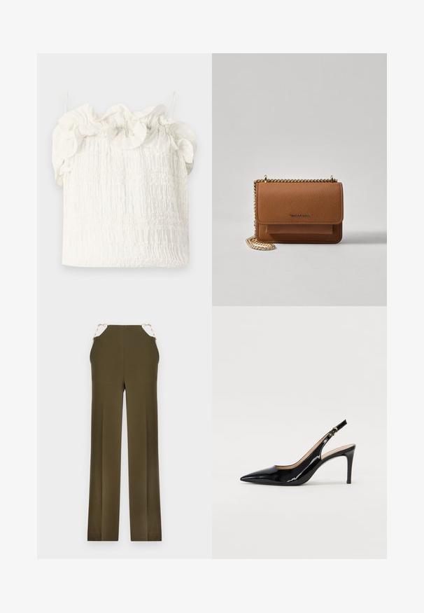 Hofmann Copenhagen EXCLUSIVE GENEVIVE - Top - off white; Olivové široké nohavice vyrobené z hladkej látky, so zlatými reťazovými detailmi na páse. Priamy strih s čistým zakončením.; Čierne lakované kožené slingback lodičky s špicatou špičkou, štíhlým podpätkom a jemným výrezom. Obsahuje zlatú pracku na remienku.; Hnedá textúrovaná kožená taška cez telo s zlatým reťazovým popruhom a preklopným uzáverom. Predná strana obsahuje detail s logom a vrecko pod preklopkou.