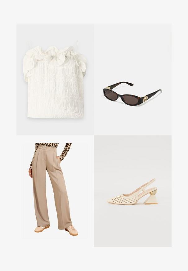 Hofmann Copenhagen EXCLUSIVE GENEVIVE - Top - off white; Pantaloni largi bej cu pliseuri, având buzunare și o textură fină. Asortați cu adidași bej și un top cu imprimeu leopard.; Pantofii cu toc înalt, de culoare bej, clasic, cu partea superioară perforată, vârf ascuțit și un toc triangular contrastant cu un accent auriu. Textura este netedă în general.; Ochelari de soare din țiglă cu lentile ovale alungite, nuanță maro, accente cu logo auriu pe brațele laterale și brațe negre elegante.; Geantă albă cu flori, cu o suprafață din material adunat, bretea din lanț cu aspect auriu și închidere metalică. Prezintă petale texturate pentru un plus de detaliu.