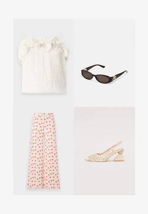 Hofmann Copenhagen EXCLUSIVE GENEVIVE - Topper - off white; Videbukser laget av beige stoff, med et jordbærmønster i rødt og grønt. Inkluderer sidelommer og en frynsete kant.; Beige slingback sko med perforert overdel, spiss tå og en kontrasterende trekantet hæl med gullakksent. Generelt glatt tekstur.; Skilpadde-solbriller med avlange ovale linser, brun tint, gull-logo aksenter på stengene og elegante svarte armer.; Brun lærveske med to robuste håndtak, rektangulær form, jevn tekstur og glidelås. Minimalistisk design uten synlige mønstre.