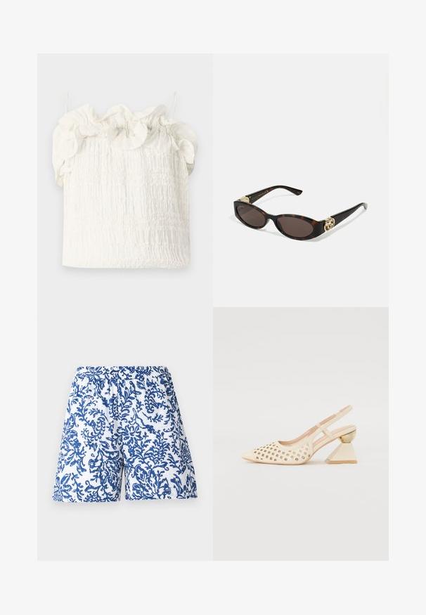 Hofmann Copenhagen EXCLUSIVE GENEVIVE - Top - off white; Pantaloni corti stampati in tessuto bianco con un design di corallo blu. Vita elastica, vestibilità ampia e superficie liscia.; Scarpa slingback beige con tomaia perforata, punta affilata e un tacco triangolare a contrasto con un accento dorato. Texture liscia nel complesso.; Occhiali da sole tartarugati con lenti ovali allungate, tonalità marrone, accenti dorati con logo sulle tempie e aste nere eleganti.; Borsa a mano floreale bianca con superficie in tessuto arricciato, tracolla in catena dorata e chiusura in metallo. Presenta petali testurizzati per un tocco di dettaglio in più.
