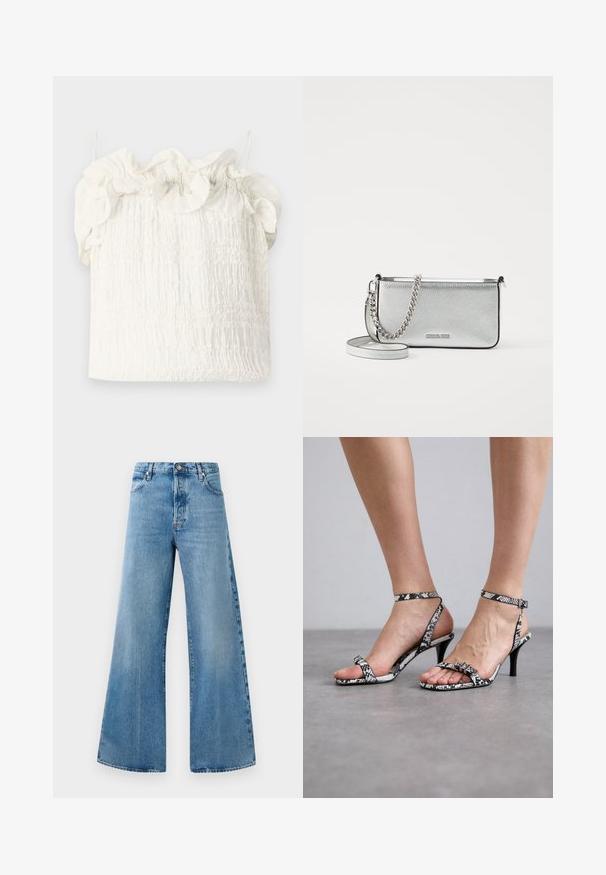 Hofmann Copenhagen EXCLUSIVE GENEVIVE - Top - off white; Široke svijetloplave traperice s visokim strukom, koje imaju prednje džepove, zatvaranje na dugme i suptilne detalje izbljeđivanja.; Crno-bijele sandale na visokom potpetici s uzorkom zmijske kože, s tankim trakama i malim detaljem kopče. Potpetica je vitka i šiljata.; Srebrna kožna torba preko tijela s teksturiranom završnom obradom, detaljima od lanca i trake, te zatvaranjem na zip. Ima logo na prednjoj strani.