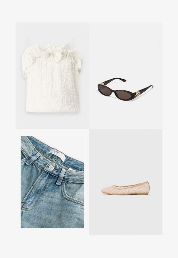 Hofmann Copenhagen EXCLUSIVE GENEVIVE - Linne - off white; Baggy låga denimjeans i blekt ljusblå färg. Har synliga sömmar, en metallknapp och en varumärkesetikett inuti midjebandet.; Ballerinaskor med spetsig tån, tillverkade av vävt beigematerial, med en flexibel sula och en slät kant.; Sköldpaddsformade solglasögon med avlånga ovala linser, brunt toning, guldfärgade logotypdetaljer på skalmarna och slanka svarta skaft.; Vit blommig handväska med en rynkad tygöverflata, guldfärgad kedjeslips och metallspänne. Har strukturerade blad för extra detalj.