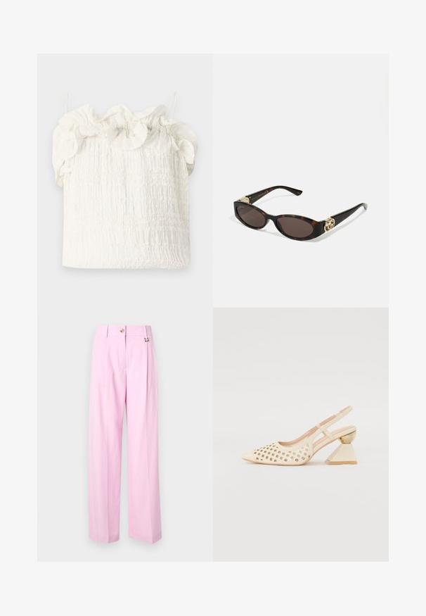 Hofmann Copenhagen EXCLUSIVE GENEVIVE - Topper - off white; Lys rosa, vide bukser med frontfold, knaplukking og metallkrokdetalj. Glatt tekstur og minimalistisk design.; Beige slingback sko med perforert overdel, spiss tå og en kontrasterende trekantet hæl med gullakksent. Generelt glatt tekstur.; Skilpadde-solbriller med avlange ovale linser, brun tint, gull-logo aksenter på stengene og elegante svarte armer.; Hvit blomsterhåndveske med en samlet stoffoverflate, gullfarget kjedehank og metallklips. Har teksturerte kronblader for ekstra detalj.