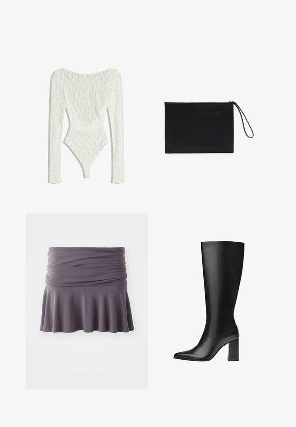Body en dentelle blanche à manches longues, présentant un motif tissé et un dos décolleté, se resserrant vers une ouverture de jambe haute.; Jupe grise, à mi-mollet, en tissu doux avec une taille froncée et un ourlet évasé. Elle présente une texture lisse et un design simple.; Bottine noire montante en simili cuir avec un bout pointu, texture lisse et un talon large. Design minimaliste sans accents visibles.; Pochette noire en tissu texturé de forme rectangulaire, dotée d'une fermeture zippée et d'une bandoulière. Comprend une poche frontale.
