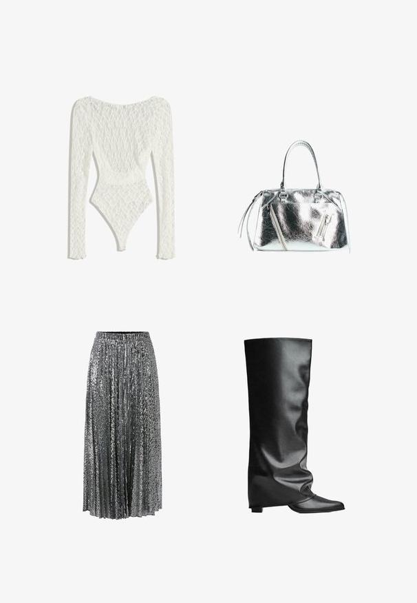 White lace bodysuit with long sleeves, featuring a woven pattern and a low back design, tapering to a high-cut leg opening.; Black off-shoulder T-shirt with short sleeves, featuring white Adidas logo and three white stripes along the shoulders. Smooth fabric texture.; Silver sequined skirt, pleated design, elastic waistband, floor-length, reflective texture, and shimmering surface detail throughout.; Black leather knee-high boots with a smooth texture, slouchy design, pointed toe, and a low square heel. Minimalist style with no visible hardware.; Metallic silver handbag with a structured shape, two top handles, and zippered pockets on the front. Smooth, shiny texture.
