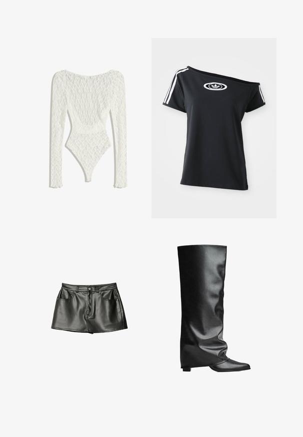 Body en dentelle blanche à manches longues, présentant un motif tissé et un dos décolleté, se resserrant vers une ouverture de jambe haute.; T-shirt noire à épaule dénudée avec des manches courtes, présentant un logo Adidas blanc et trois bandes blanches le long des épaules. Texture de tissu lisse.; Mini-jupe en cuir noir au toucher lisse, dotée de deux poches avant et de boutons en métal. Longueur courte et coupe classique.; Bottes en cuir noir allant jusqu'au genou avec une texture lisse, un design flou, un bout pointu et un petit talon carré. Style minimaliste sans quincaillerie visible.