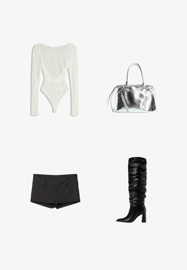 Bílý krajkový body s dlouhými rukávy, vystupující s tkaným vzorem a nízkým designem na zádech, úzký ke vysokému vykrojení na nohou.; Černé tričko s odhalenými rameny a krátkými rukávy, se bílým logem Adidas a třemi bílými pruhy na ramenech. Hladká textilie.; Černé a šedé pruhované šortky s přiléhavým střihem, které mají plochý pas, dvě přední kapsy a zakončení, které sahá do poloviny stehna.; Černé kožené boty do výšky kolen se volným designem, špičatou špicí a masivním blokovým podpatkem, s hladkým, lesklým povrchem.; Metalická stříbrná kabelka se strukturovaným tvarem, dvěma horními uchy a zipovými kapsami na přední straně. Hladký, lesklý povrch.
