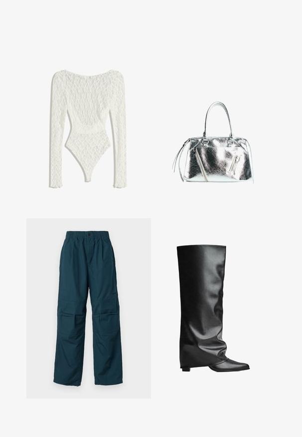 Biele čipkované bodysuit s dlhými rukávmi, so tkaným vzorom a nízkym dizajnom na chrbte, zúžené na vysokom vystrihnutí nohavíc.; Čierne tričko s odhalenými ramenami a krátkymi rukávmi, s bielym logom Adidas a tromi bielymi pruhmi pozdĺž ramien. Hladká textura látky.; Tyrkysové cargo nohavice s elastickým pásom, dvoma bočnými vreckami a voľným strihom. Vyrobené z ľahkého materiálu, s detailmi v stehoch.; Čierne kožené vysoké topánky s hladkou textúrou, voľným dizajnom, špicatou špičkou a nízkym štvorcovým podpätkom. Minimalistický štýl bez viditeľného kovania.; Metalická strieborná kabelka so štruktúrovaným tvarom, dvoma hornými držadlami a zipsovými vreckami vpredu. Hladký a lesklý povrch.