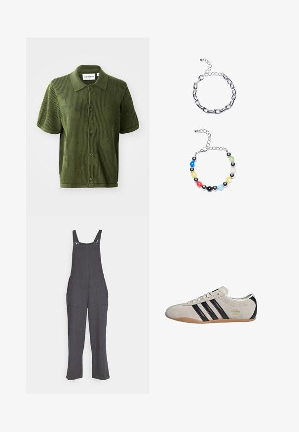 Polo de punto verde con mangas cortas, con un patrón texturizado de grandes círculos y cierre de botones.; Pechera de lino gris con piernas anchas, tirantes ajustables y dos bolsillos frontales grandes. Presenta un tejido texturizado y cierres de presión.; Zapatilla de ante con parte superior gris, franjas negras y suela de goma. Cuenta con cierre de cordones y un detalle del logo en dorado en el lateral.; Pulsera de cadena de plata con eslabones alargados en la parte superior. Debajo, una pulsera de cuentas coloridas con cuentas negras, azules, verdes, amarillas, rojas y transparentes.