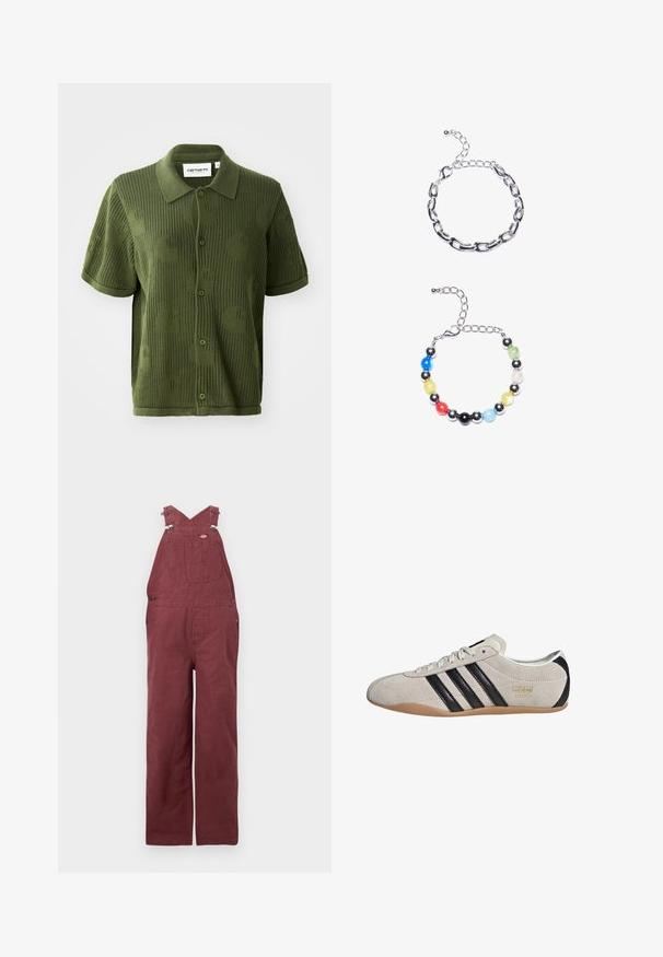 Roheline lõngakootud polo särk lühikeste varrukatega, millel on tekstuurne muster suurtest ringidest ja nööbiga sulgemine.; Burgundi värvi puuvillased üleüldised riided, millel on ristuvad rihmad, ees taskud ja metallist detailid. Sile tekstuur ja mugav lõige.; Suuletennised halli ülemise osa, mustade triipude ja kummi kummiga talla. Omab nööridega kinnitust ja kuldset logo detailsust küljes.; Hõbedane ketigael näidis, millel on pikendatud lingid üleval. Allpool on värvikas helmedest koosnev käevõru, milles on mustad, sinised, rohelised, kollased, punased ja selged helmeste.