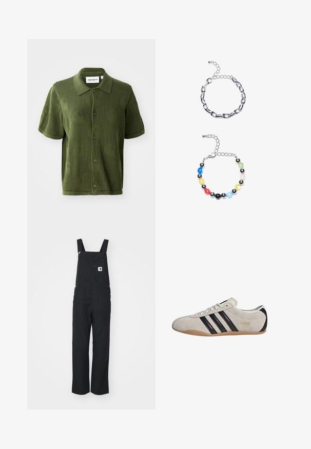 Green knitted polo shirt with short sleeves, featuring a textured pattern of large circles and button-up closure.; Black fabric overalls with adjustable shoulder straps, front patch pocket, and side buttons. Straight-leg design, smooth texture, minimalist style.; Suede sneaker with a gray upper, black stripes, and a gum rubber sole. Features a lace-up closure and a gold logo detail on the side.; Silver chain bracelet featuring elongated links above. Below, a colorful beaded bracelet with black, blue, green, yellow, red, and clear beads.