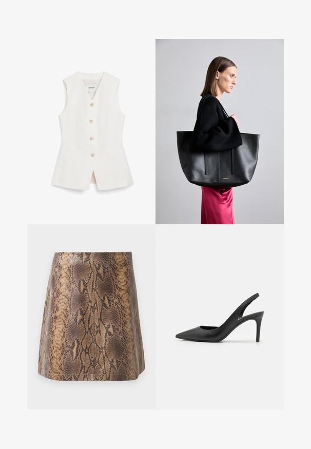 Bílá bezrukávová vesta s fitted designem, šesti kulatými knoflíky a dvěma předními kapsami. Vyrobena z hladkého materiálu s čistým vzhledem.; Hnědá mini sukně s hadím potiskem vyrobená z umělé kůže, s hladkou texturou, upnutým střihem a jemným švem.; Černé kožené lodičky na podpatku s otevřenou patou a špičatou špičkou, s výřezem na přední straně a tenkým jehlovým podpatkem.; Černá kožená taška s texturovaným povrchem, která má dva vertikální pruhy, dvojité ramenní popruhy a minimalistický design.