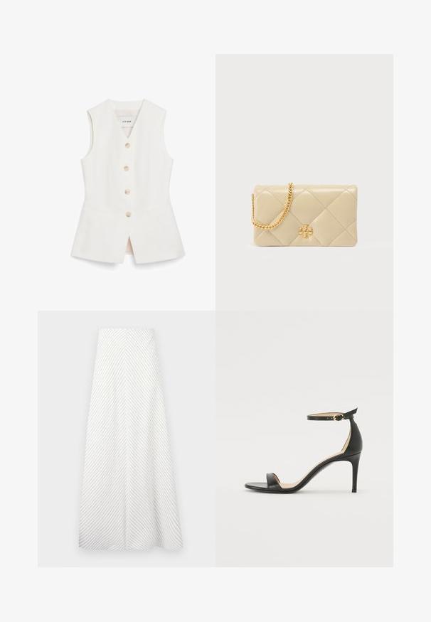 Weißes ärmelloses Top mit tailliertem Design, sechs runden Knöpfen und zwei Vordertaschen. Hergestellt aus einem glatten Material mit sauberem Finish.; Weißer Rock mit diagonalen marineblauen Streifen, fließendes Design und eine glatte Textur. Verfügt über eine hohe Taille und eine großzügige A-Linie.; Schwarze Leder-high-heeled Sandale mit Knöchelriemen. Verfügt über eine glatte Textur, offene Zehen und einen dünnen Absatz. Goldfarbener Schnallenakzent.; Beige gestepptes Lederhandtasche mit goldenem Kettenriemen und Logoakzent auf der Vorderseite. Glatte Textur mit diamantförmiger Steppung.
