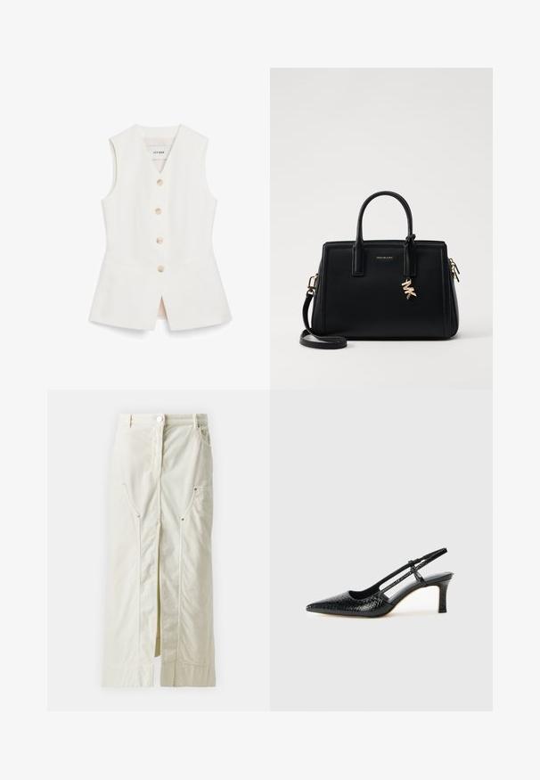 Vesta albă fără mâneci, cu un design ajustat, șase butoane rotunde și două buzunare frontale. Fabricată dintr-un material neted cu un finisaj curat.; Fustă din catifea ușor bej, cu o deschidere frontală, două buzunare laterale cu nasturi ascunși și închidere cu nasture la talie.; Pantofi cu toc slingback negri din patent, cu vârf ascuțit, cu imprimeu de șarpe texturat, curea ajustabilă și toc scurt texturat.; Geantă de mână din piele neagră cu un design structurat, mânere superioare duble, curea de umăr detasabilă, accesorii din aur și un pandantiv cu logo.