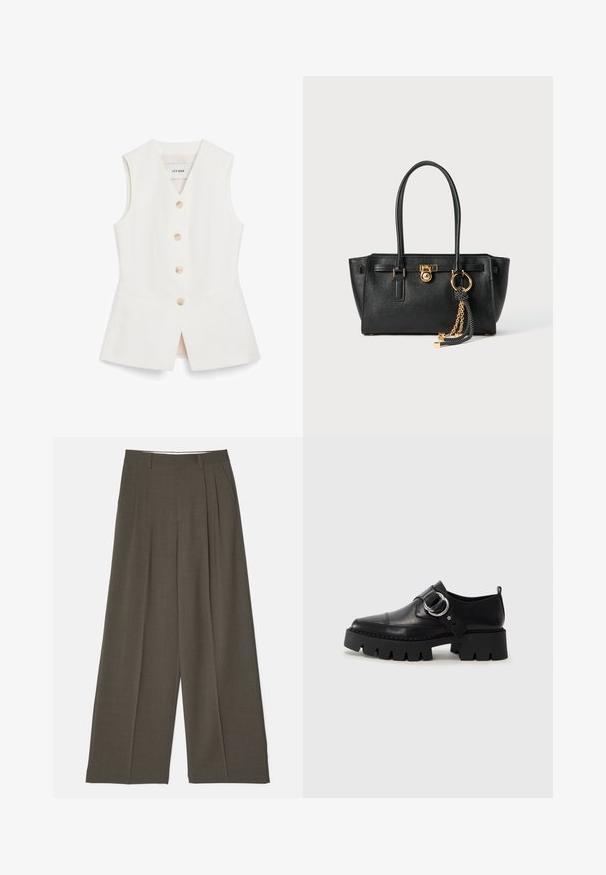 Hvit utenermet vest med en tettsittende design, seks runde knapper og to frontlommer. Laget av et glatt materiale med en ren finish.; Vide bukser i mørke olivengrønne stoffer, med frontfolder, flad talje og en glat tekstur. Ingen synlige lommer eller detaljer.; Sorte læringssko med en kraftig ribbet såle, som har en sirkulær sølvfarget detalj og minimal sømdekorasjon.; Svart lærveske med doble håndtak, gulllås og kjededetalj, samt svart-hvite duskdekorasjoner mot hvit bakgrunn.