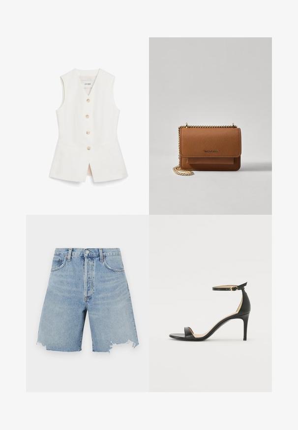 Balta be rankovių liemenė su prigludusia forma, šešiais apvaliais mygtukais ir dviem priekinių kišenėlių. Pagaminta iš lygaus audinio su švariu apdaila.; Šviesiai mėlynos džinsinės šortai su aukštu liemeniu, su nusitrynusia apdaila, dviem priekinėmis kišenėmis ir klasikinio penkių kišenių dizainu.; Juodos oda aukštakulniai sandalai su kulkšnies dirželiu. Pasižymi lygiu paviršiumi, atviru pirštu ir plonu kulnu. Auksinės spalvos sagties detalė.; Ruda tekstūruota odinė per petį nešama rankinė su auksiniu grandininiu dirželiu ir užlenkiamo užsegimo. Priekinėje pusėje yra logotipo detalė ir kišenė po užlenkimu.